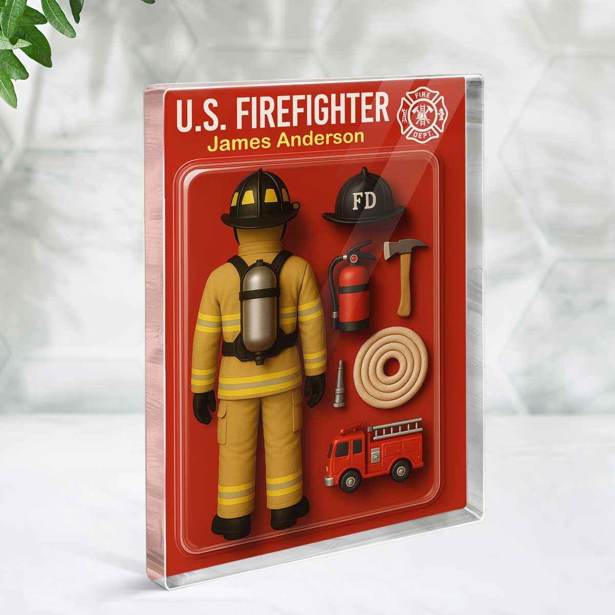 3D Effect Back View Firefighter Custom Figure Personalized Flat Rectangle Acrylic Block