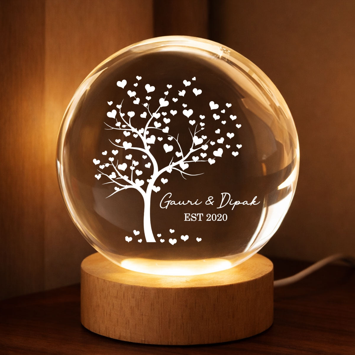 Tree Of Love Couple - Personalized Crystal Ball LED Night Light - Anniversary, Valentine's Day Gift, Gift For Him, Gift For Her