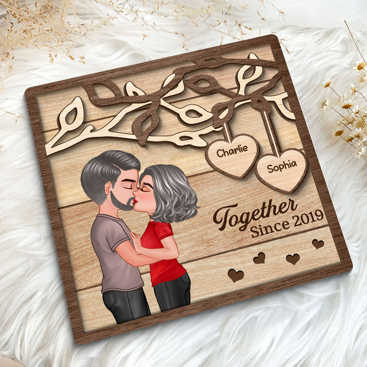 Couple Kissing Under Tree  Gift For Her Gift For Him Personalized 2-Layer Wooden Plaque