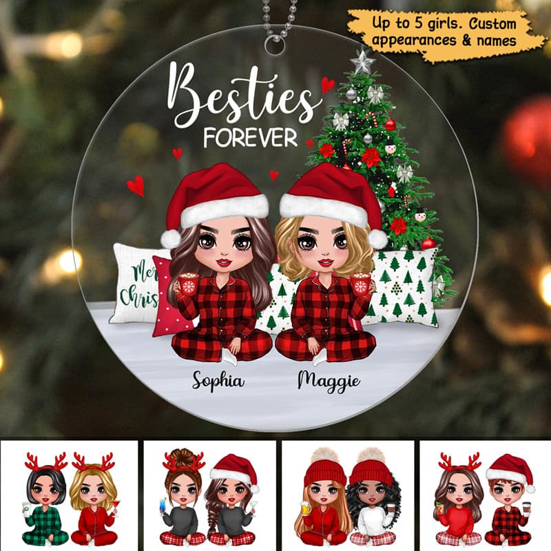 Pajamas Doll Besties Sisters Sitting Christmas Personalized Acrylic Ornament