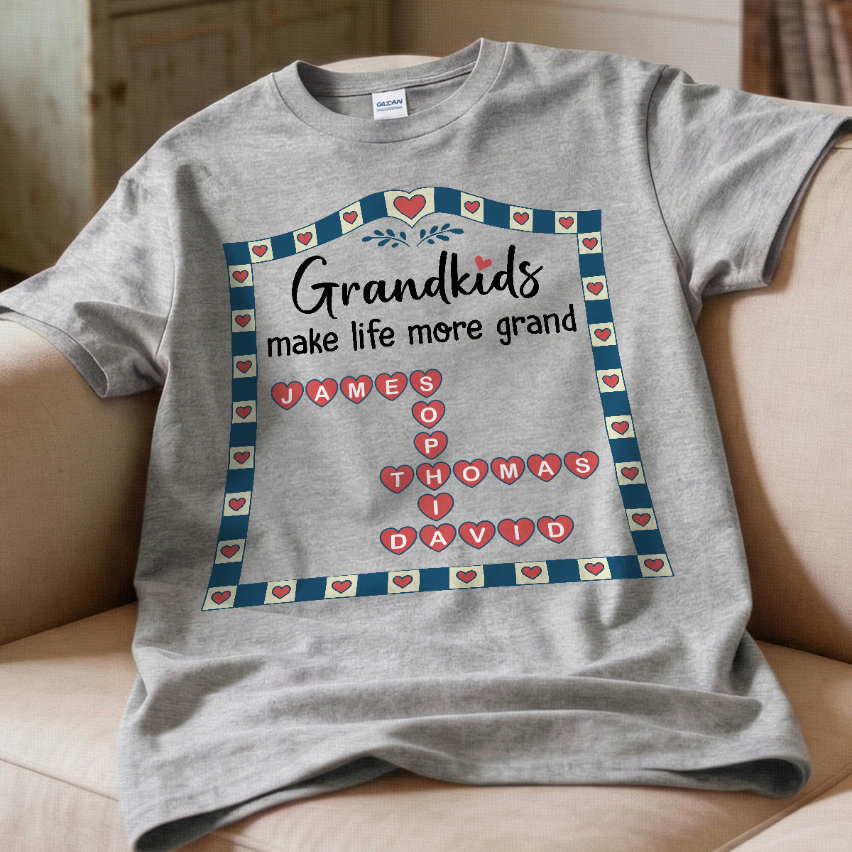 Old School Vintage Grandkids Names Crossword Puzzle Art - Personalized Shirt - Gift For Grandma