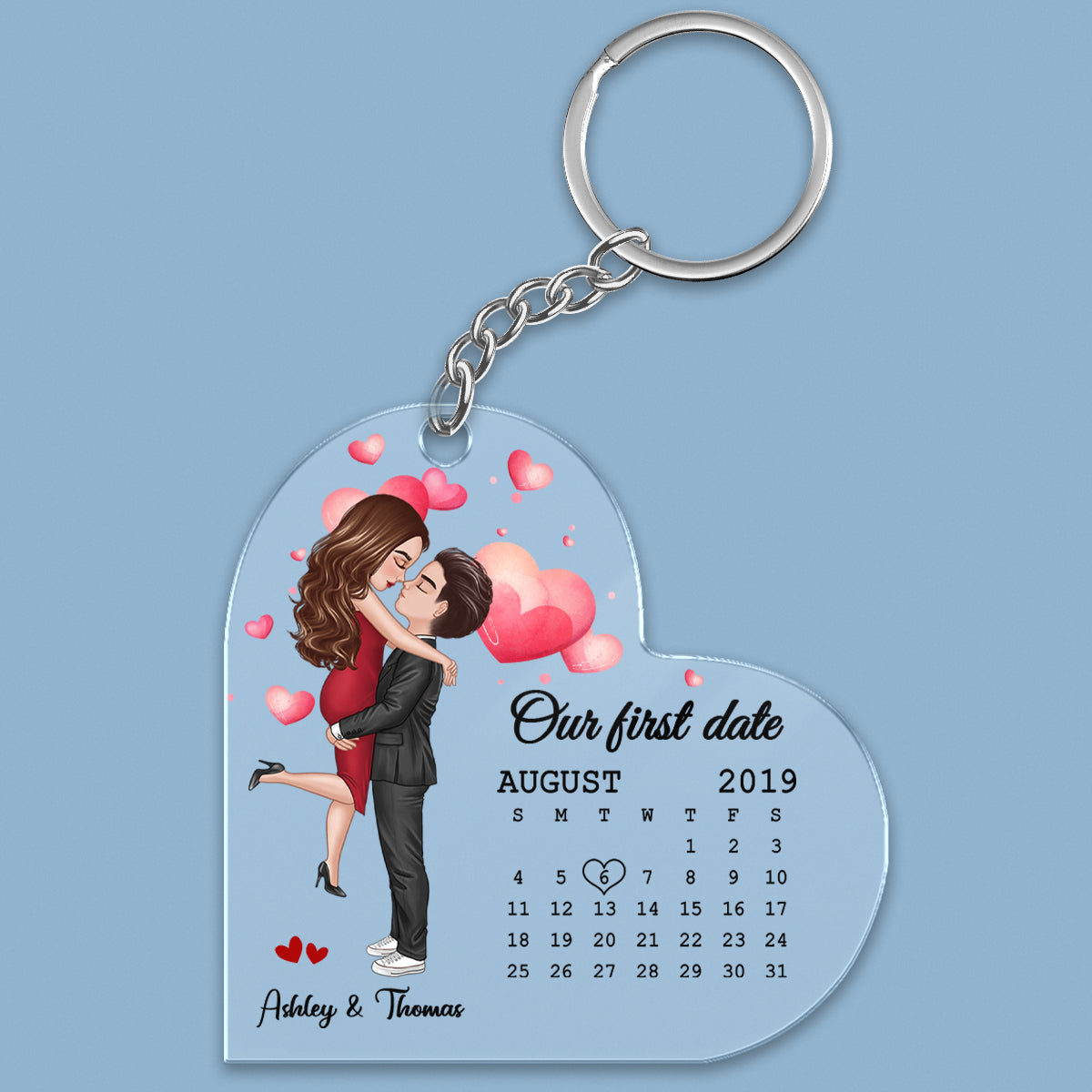 Doll Couple Hugging Kissing Calendar Anniversary Date Personalized Heart Shaped Acrylic Keychain - Gift For Him, Gift For Her