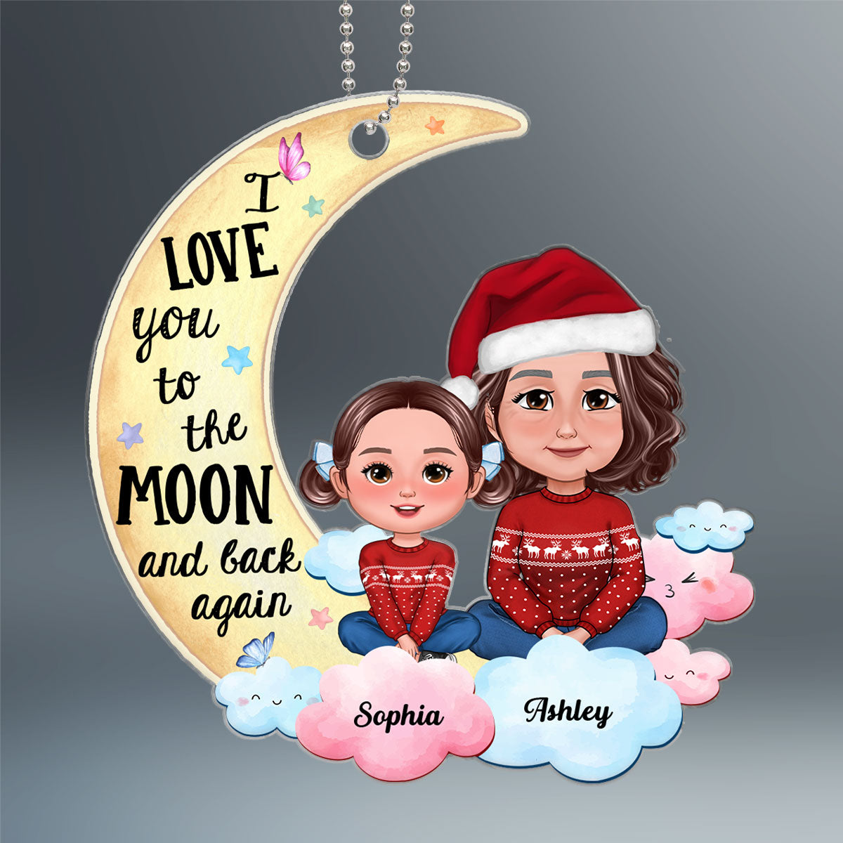 Grandma Mom Loves Kids To The Moon And Back Blue Pink Clouds Personalized Acrylic Ornament