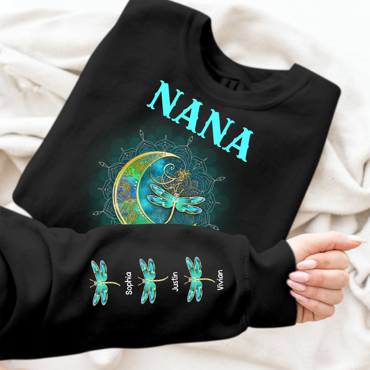 Grandma Mom Moon Mandala Dragonflies Personalized Sleeve Printed Sweatshirt