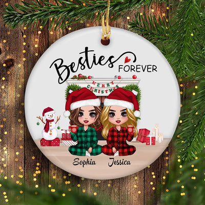 Christmas Doll Besties Sisters Sitting At Fireplace Personalized Circle Ornament