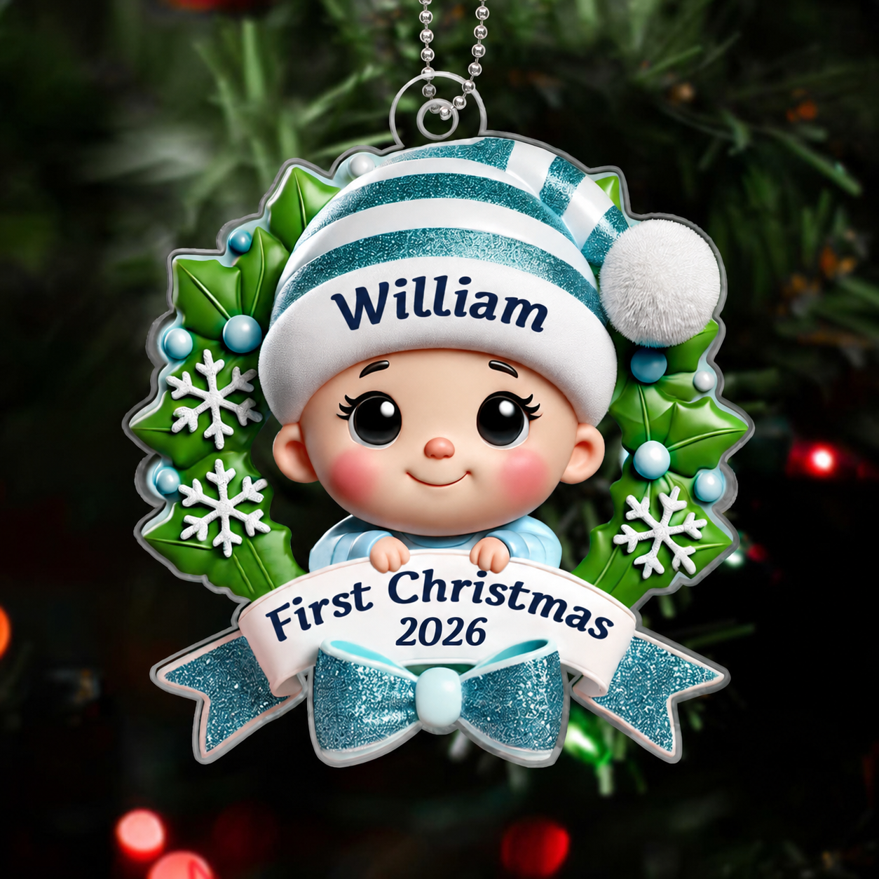 Baby's First Christmas Personalized Custom Shaped Acrylic Ornament, Baby In Christmas Wreath, Christmas in July