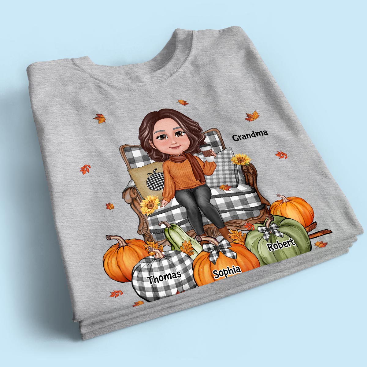 Grandma Sitting On Chair Pumpkins - Personalized Shirt - Gift For Grandma