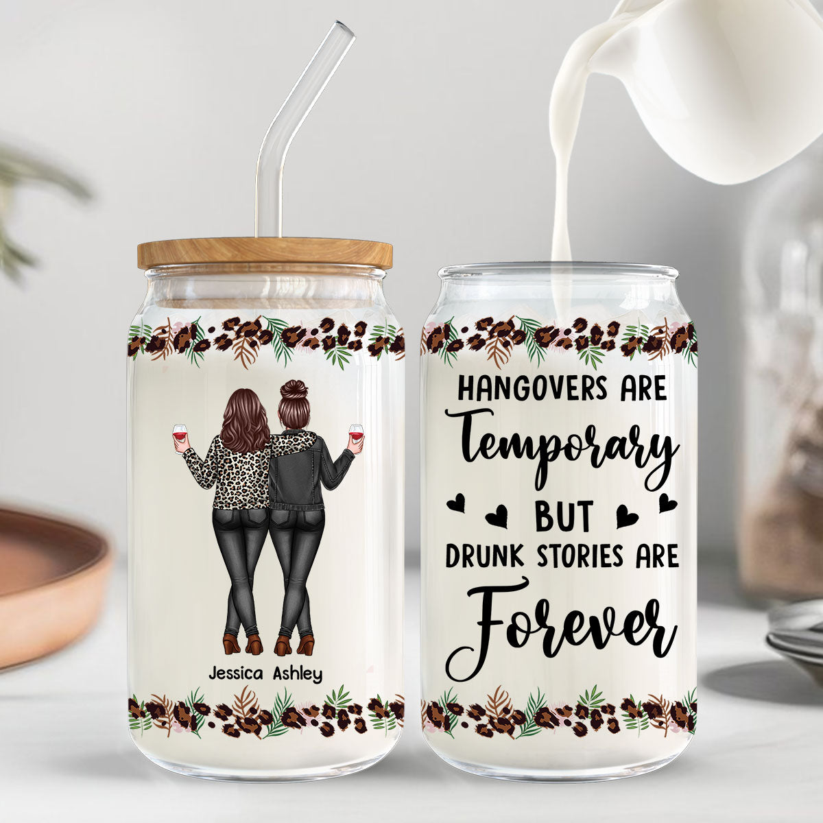 Leopard Back View Besties Personalized Clear Glass Can