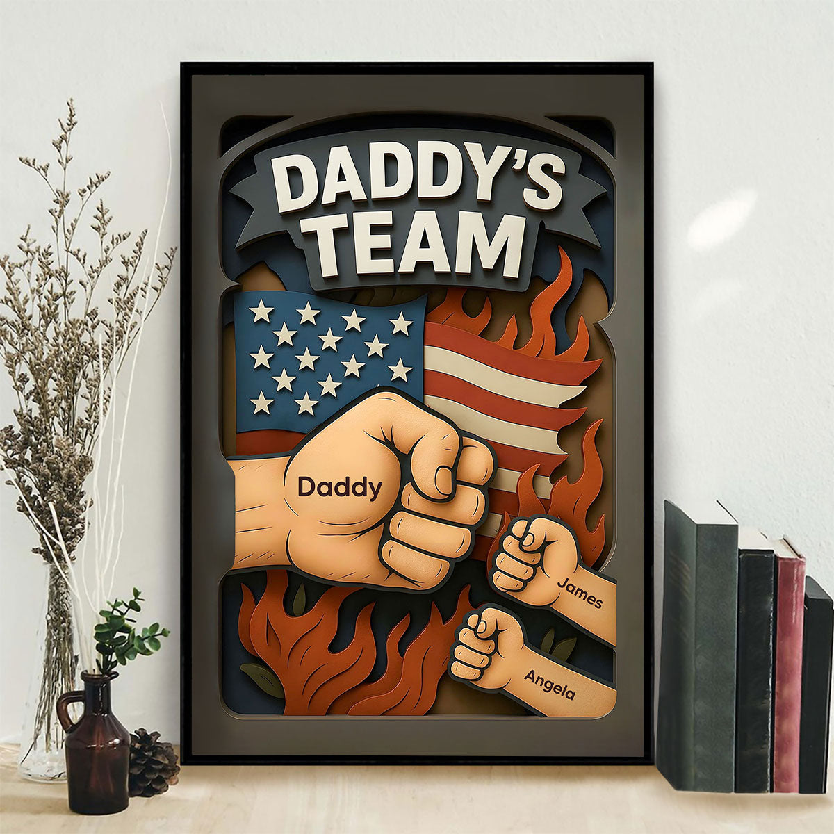 Daddy's Team Fist Bump 3D Effect Layered Personalized Poster, Father's Day Gift for Dad