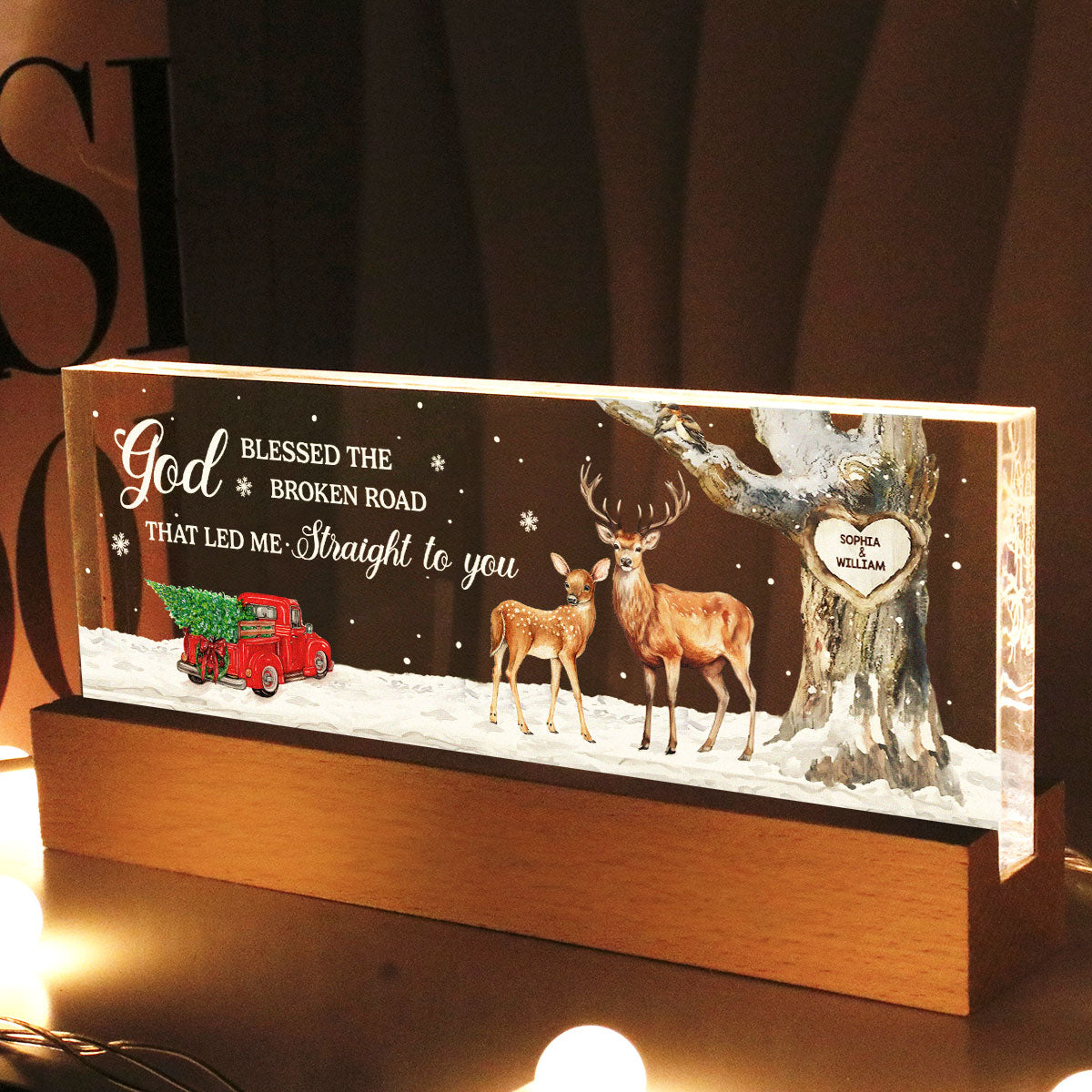 God Blessed The Broken Road Personalized Acrylic Block LED Night Light, Christmas Gift for Couples