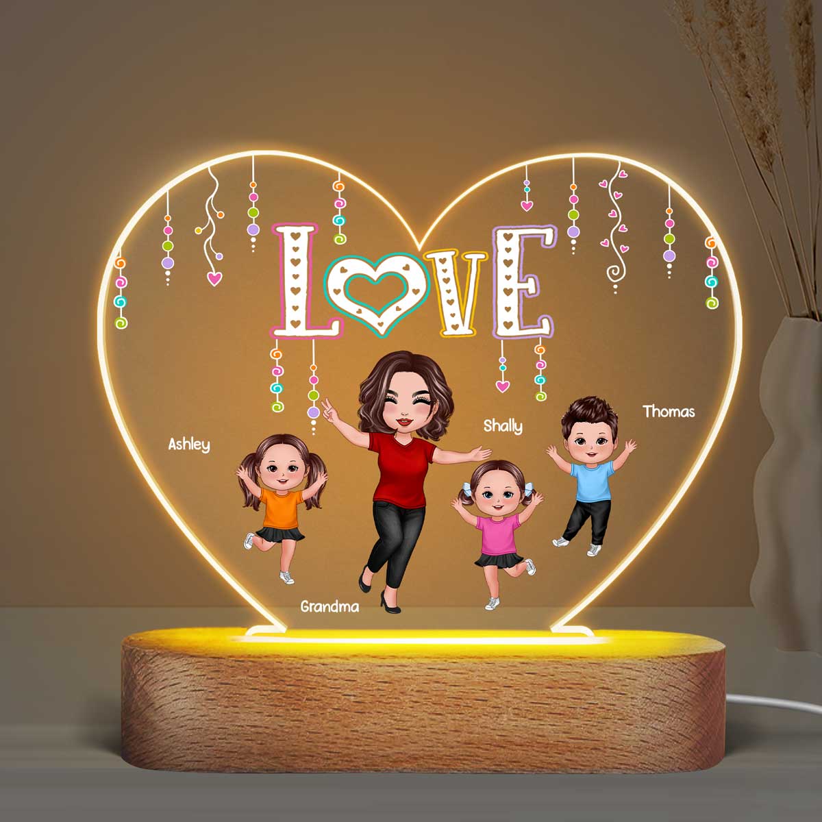 LOVE Happy Doll Grandma Mom With Kids Personalized Heart Acrylic Plaque LED Night Light