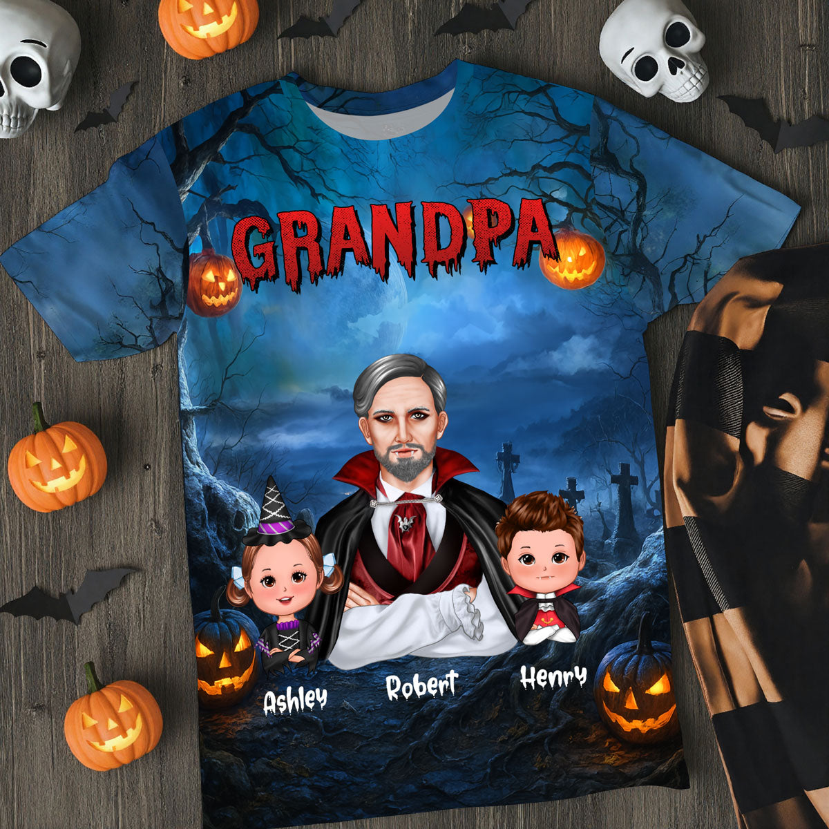 Cool Grandpa Dad Dracula & Kids In Halloween Night Personalized Shirt, Halloween Costume for Dad, Grandpa