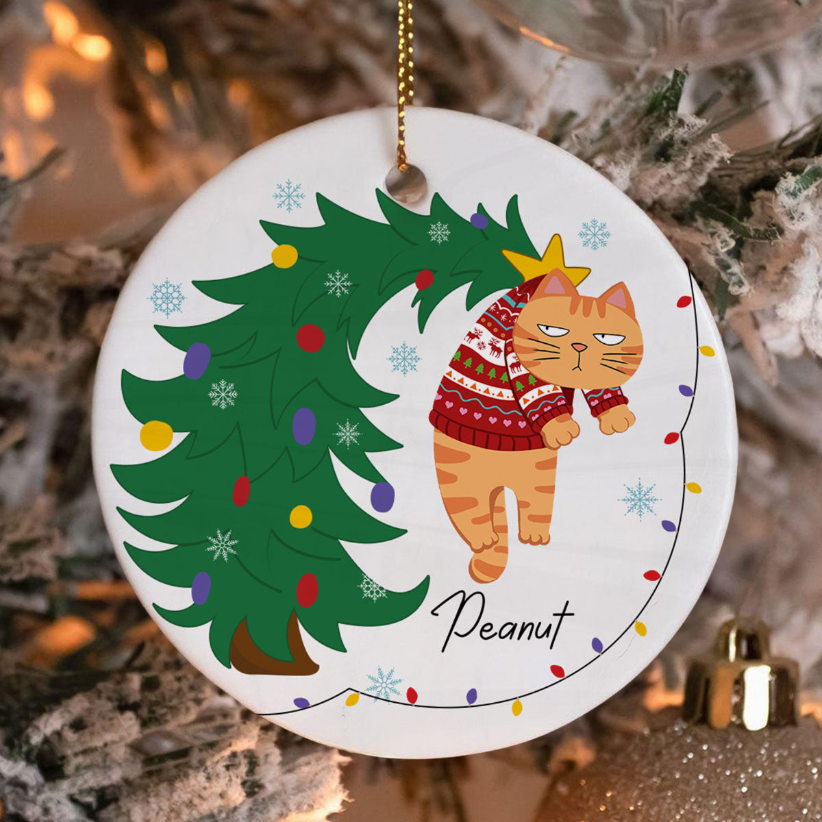 Naughty Cat Hanging On Christmas Tree Personalized Ceramic Ornament, Gift For Cat Lover