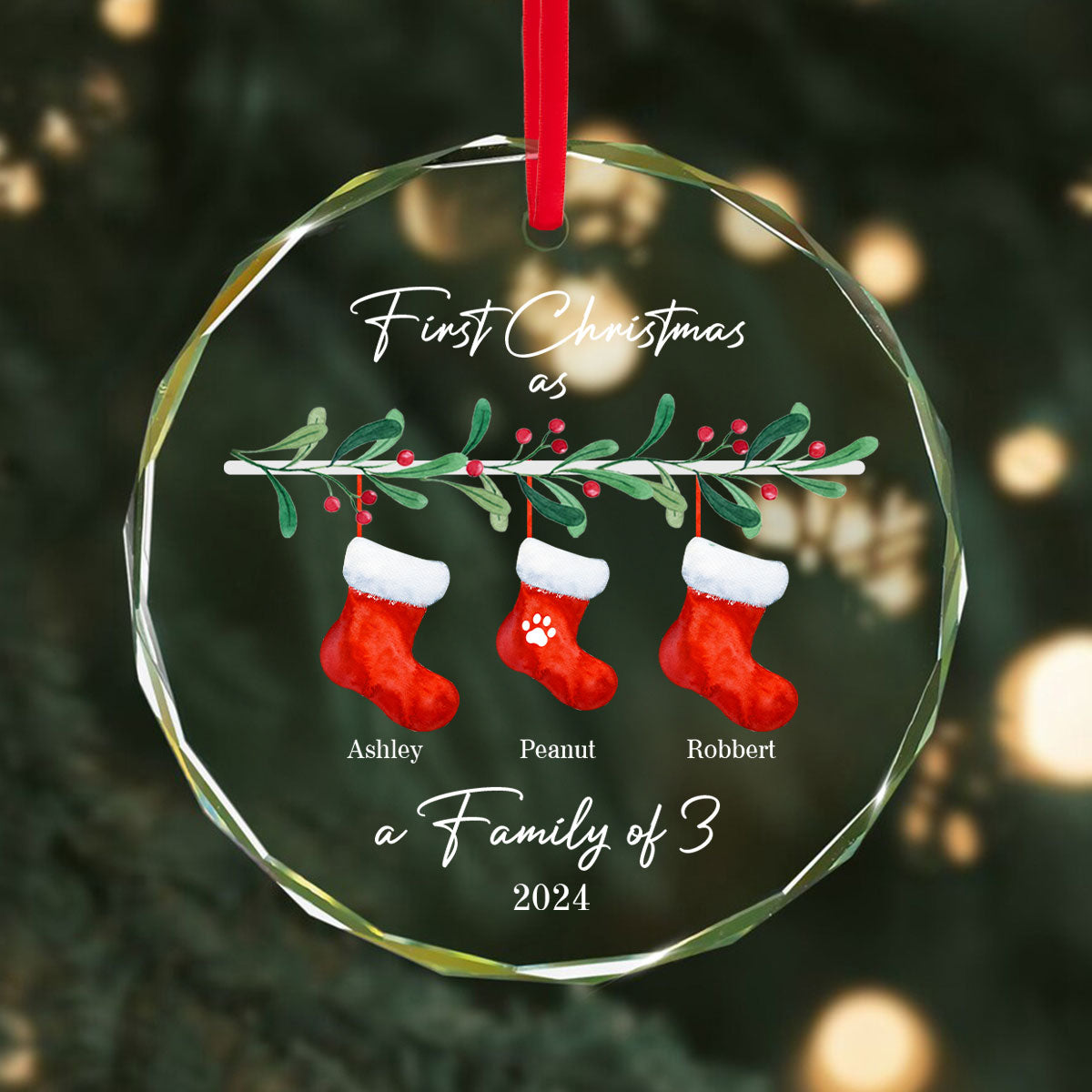 First Christmas As Family Of 3 Personalized Glass Ornament, Baby New Born, Christmas Gift For New Mom, New Dad