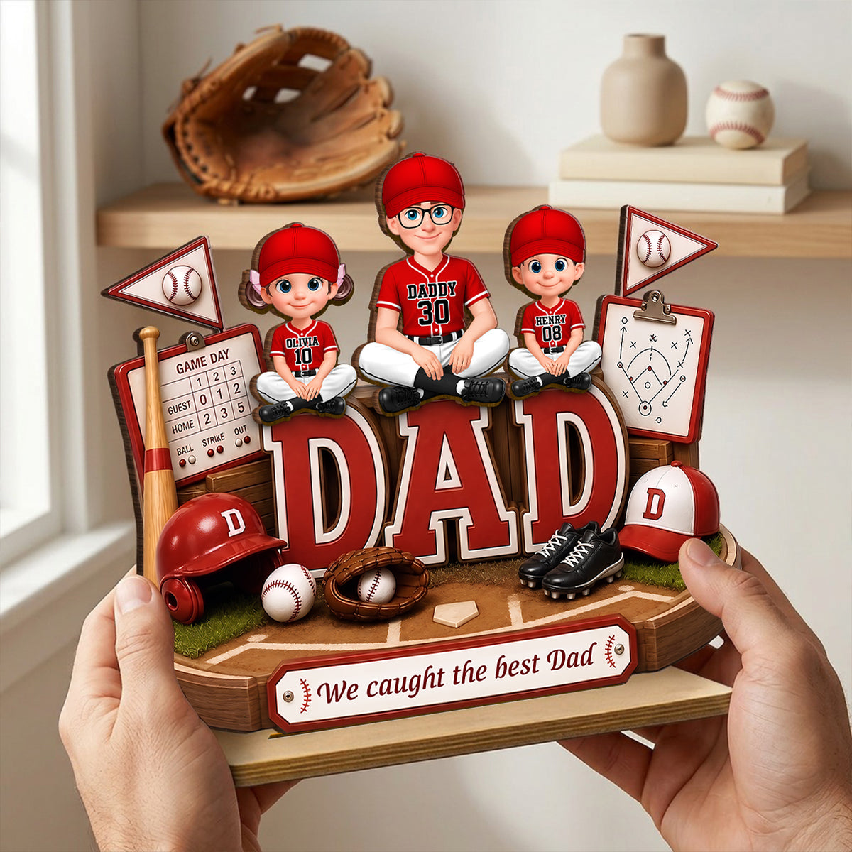 Baseball Dad Kids We Caught The Best Dad - Personalized 2-Layered Wooden Plaque - Father's Day Gift For Dad, Husband