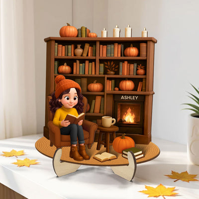Fall Girl Reading Book Cozy Bookself Personalized 2-Layer Wooden Plaque