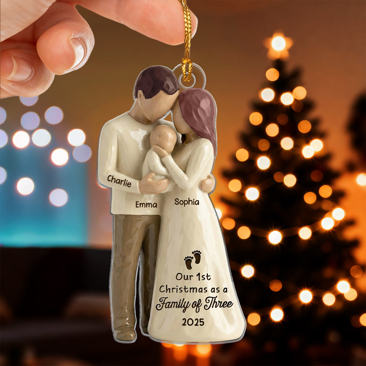 3D Effect First Christmas As Family Of Three Mom Dad & Baby - Personalized Acrylic Ornament