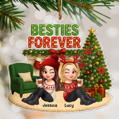 Christmas Besties Forever Cozy Fireplace - Personalized Acrylic Ornament - Gift For Best Friends