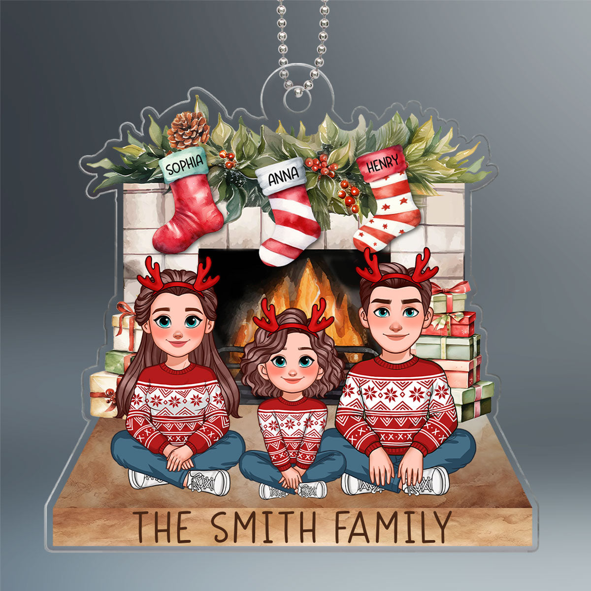 Animated Family Sitting At Christmas Fireplace Personalized Acrylic Ornament