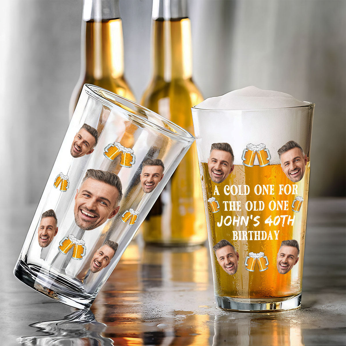 A Cold One For The Old One Photo Upload Funny Birthday Gift Personalized Beer Glass