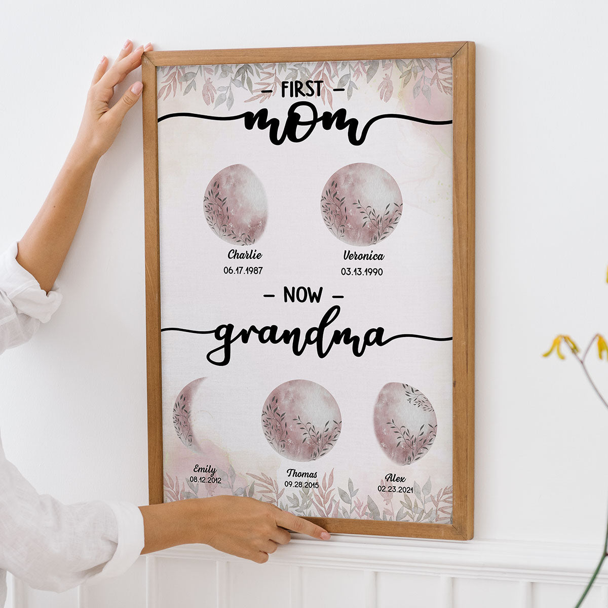 First Mom Now Grandma Custom Floral Birth Moon Phase Personalized Poster, Gift