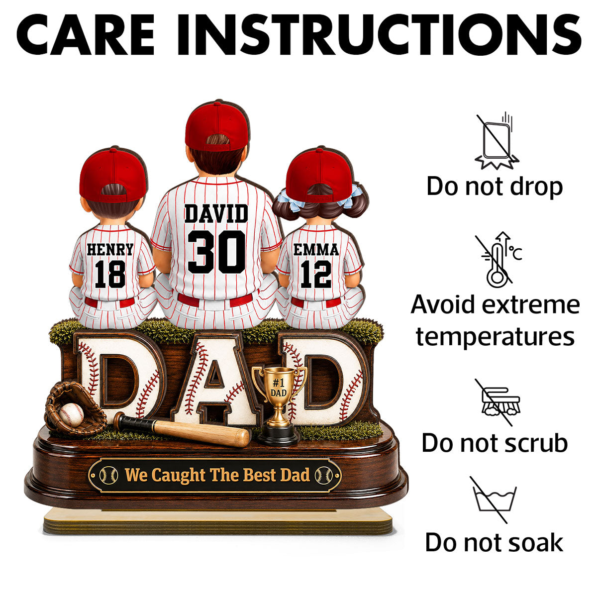Baseball Dad and Children We Caught the Best Dad - Personalized 2-Layered Wooden Plaque -  Gift for Dad, Husband