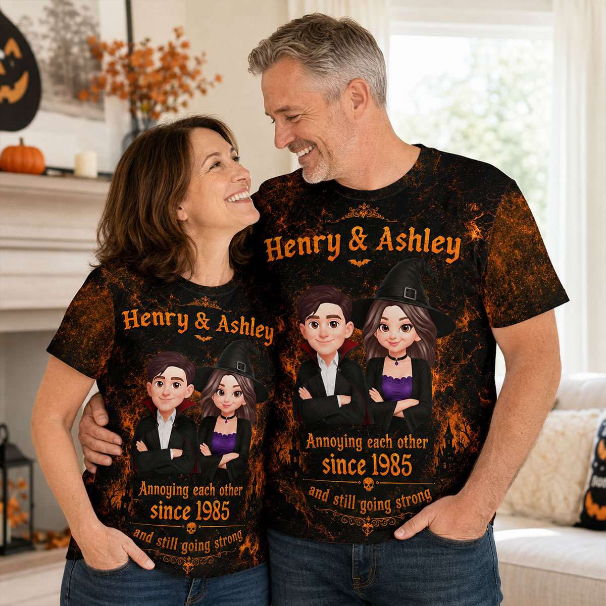 Retro Halloween Couple - Personalized Shirt - Halloween Matching Shirts for Couple, Anniversary Gift for Him, for Her