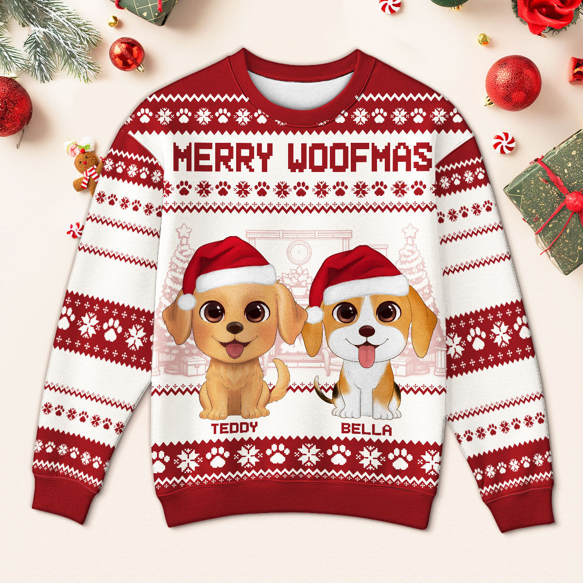 Happy Pawliday Watercolor Cute Dogs Cats Christmas Personalized Faux Knitting Ugly Sweater, Gift For Dog Cat Pet Lovers