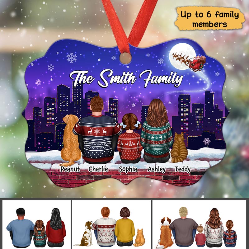 Family Dad Mom Kids Dogs Cats Sitting Skyline Night Personalized Christmas Ornament