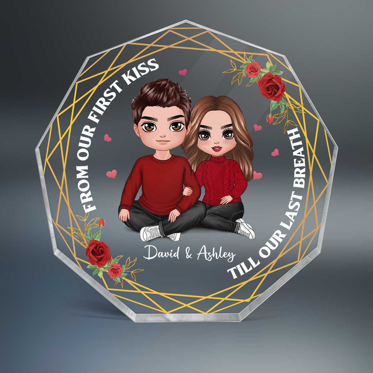 Embracing Doll Couple Flower Personalized Nonagon Acrylic Plaque - Gift For Him Gift For Her