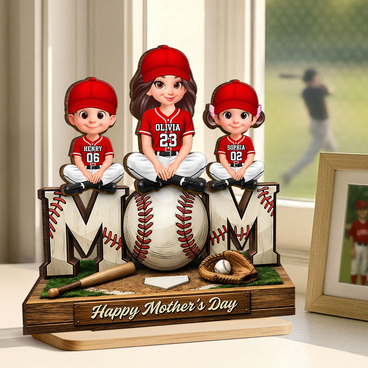Baseball Mom And Kids Happy Mother's Day - Personalized 2-Layered Wooden Plaque - Mother's Day Gift For Baseball Mom