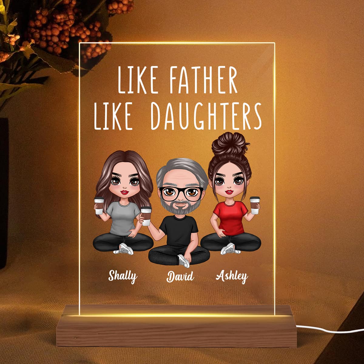 Like Father Like Daughter Doll Dad And Daughters Sitting Personalized Rectangle LED Night Light