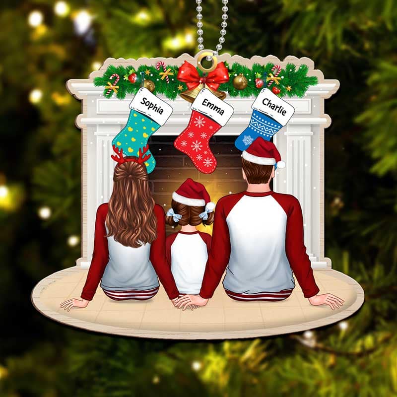Pajamas Family Christmas Stockings Fireplace Personalize Wooden Ornament