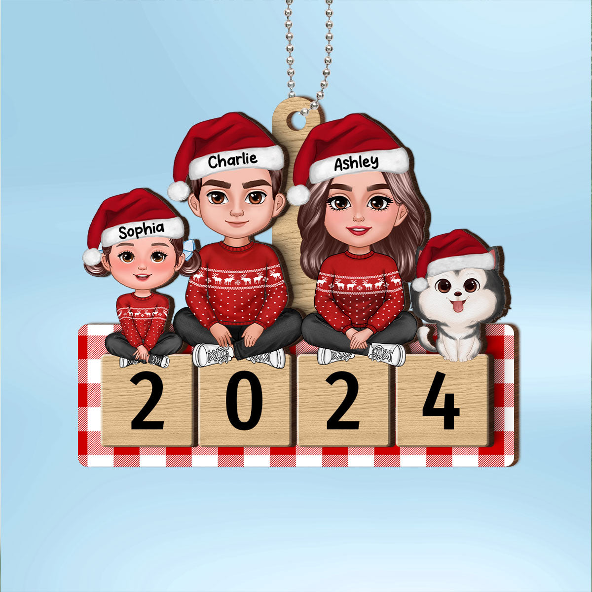 Checkered Pattern Family Sitting On 2024 Puzzle Personalized Wooden Ornament
