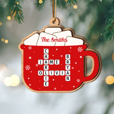 Hot Cocoa Christmas Family Marshmallows Personalized 2-Layer Wooden Ornament