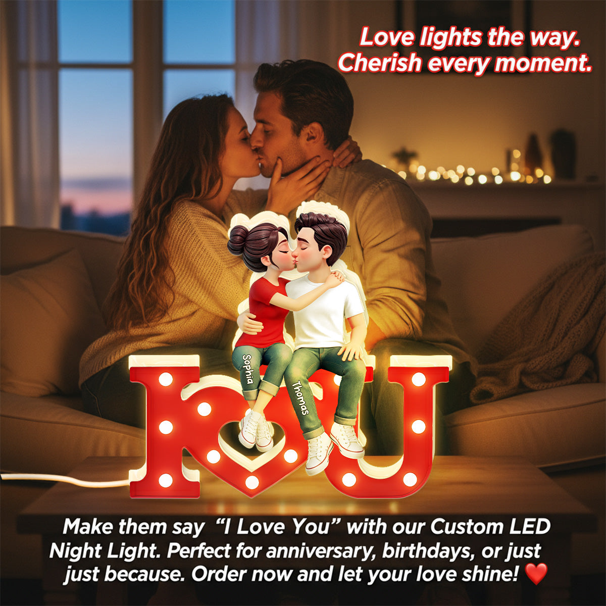 I LOVE YOU Forever Couple Sitting Kissing - Personalized Light Box - Valentine's Day Gift For Couple, For Him, For Her