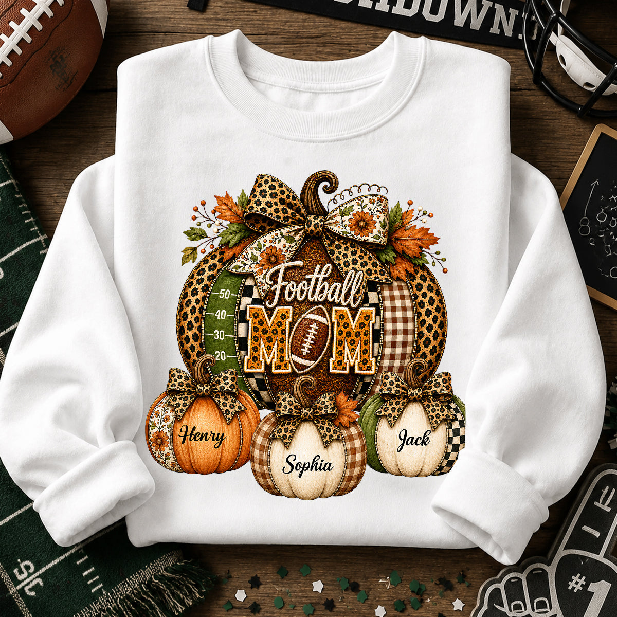 Football Mom Grandma Pumpkin Leopard Pattern - Personalized Shirt - Trendy Fall Tee for Football Mama