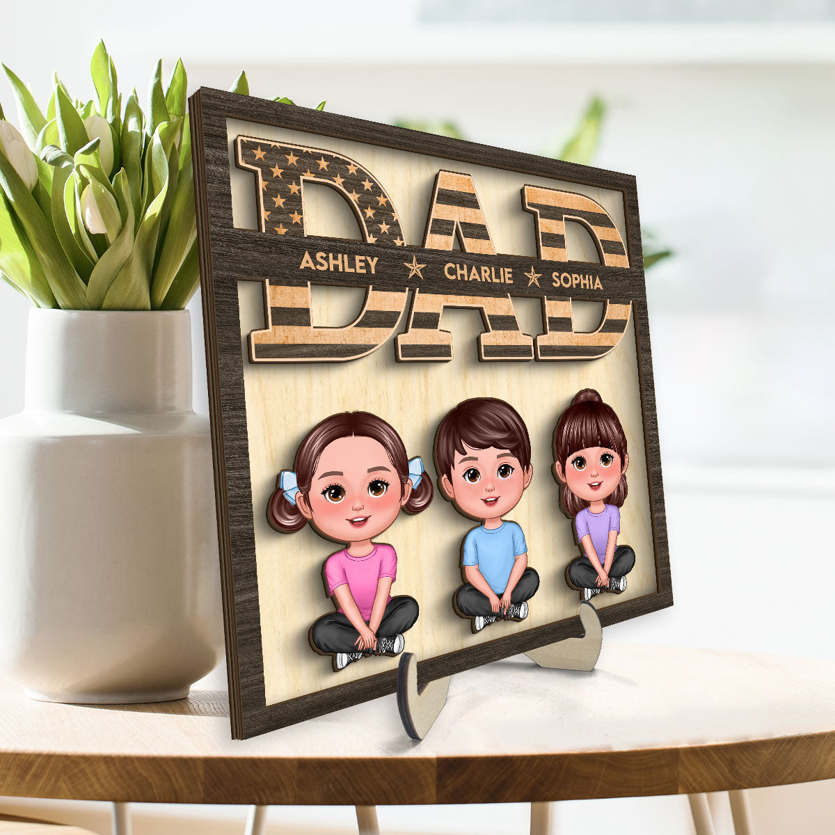 Dad We Love You Nation Flag Cute Children Sitting Crossed Legs Personalized 2-Layer Wooden Plaque
