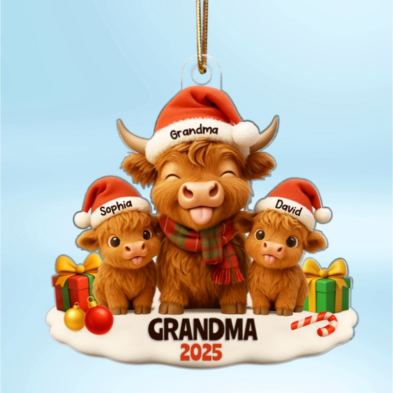 Grandma Grandkids Highland Cow Personalized Acrylic Ornament, Christmas Gift for Grandma, Grandkids
