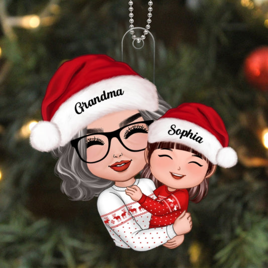 Doll Grandma Mom Hugging Kid Christmas Gift For Granddaughter Grandson Personalized Acrylic Ornament