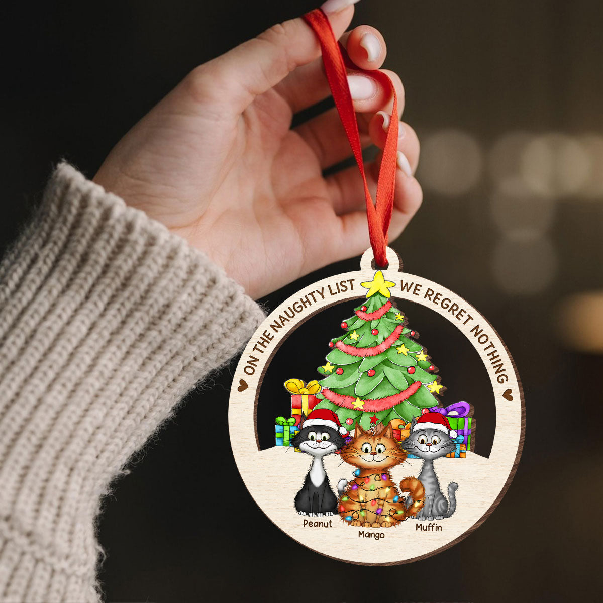 Christmas Tree Quirky Cat On The Naughty List We Regret Nothing Wooden Ornament, Personalized Christmas Cat Ornament