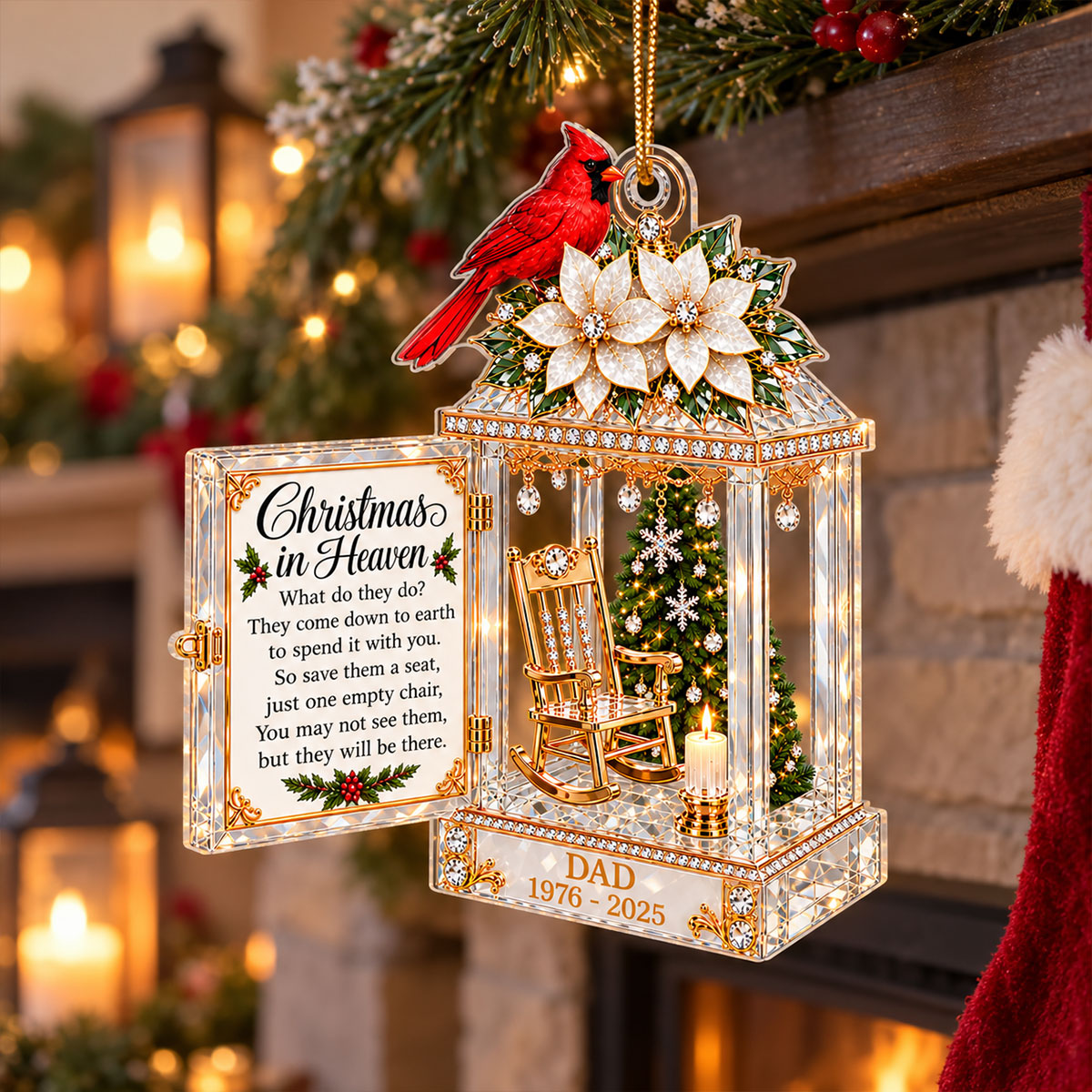 Cardinal Lantern Christmas In Heaven Crystal Effect 2D Falt - Personalized Acrylic Ornament - Remembrance Memorial Gift For Loss Of Loved One