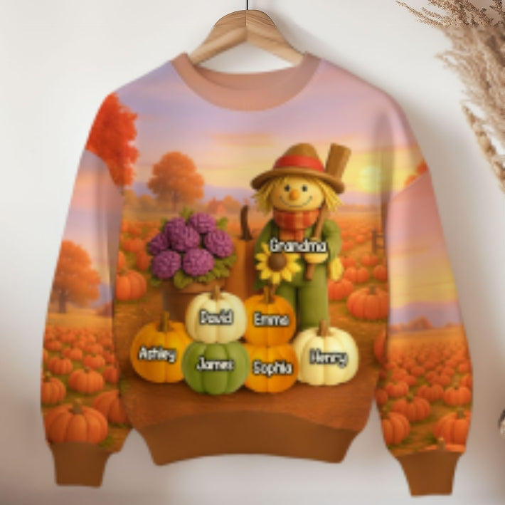 Fall Scarecrow Grandma with Pumpkins Grandkids Names 3D Effect Personalized Sweatshirt