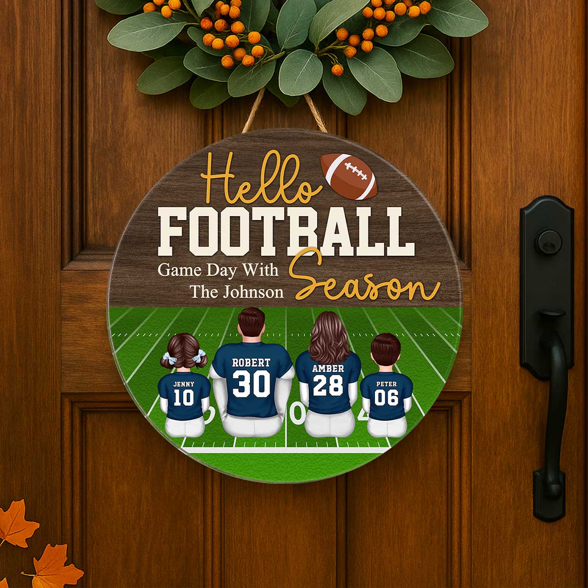 Hello Football Season Personalized Round Door Hanger, Family Fall Decor