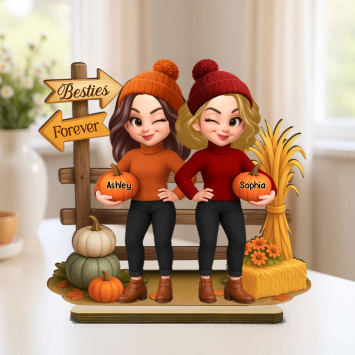 Besties Sisters Fall Season Fence Pumpkin Patch Personalized Standing Wooden Plaque