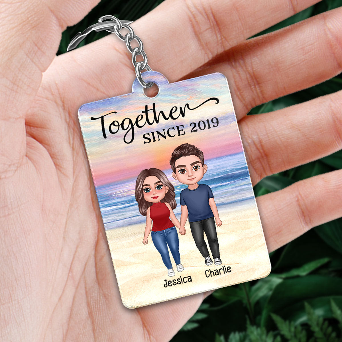 Doll Couple Standing At Beach Favorite Song Scannable QR Code Personalized Acrylic Keychain