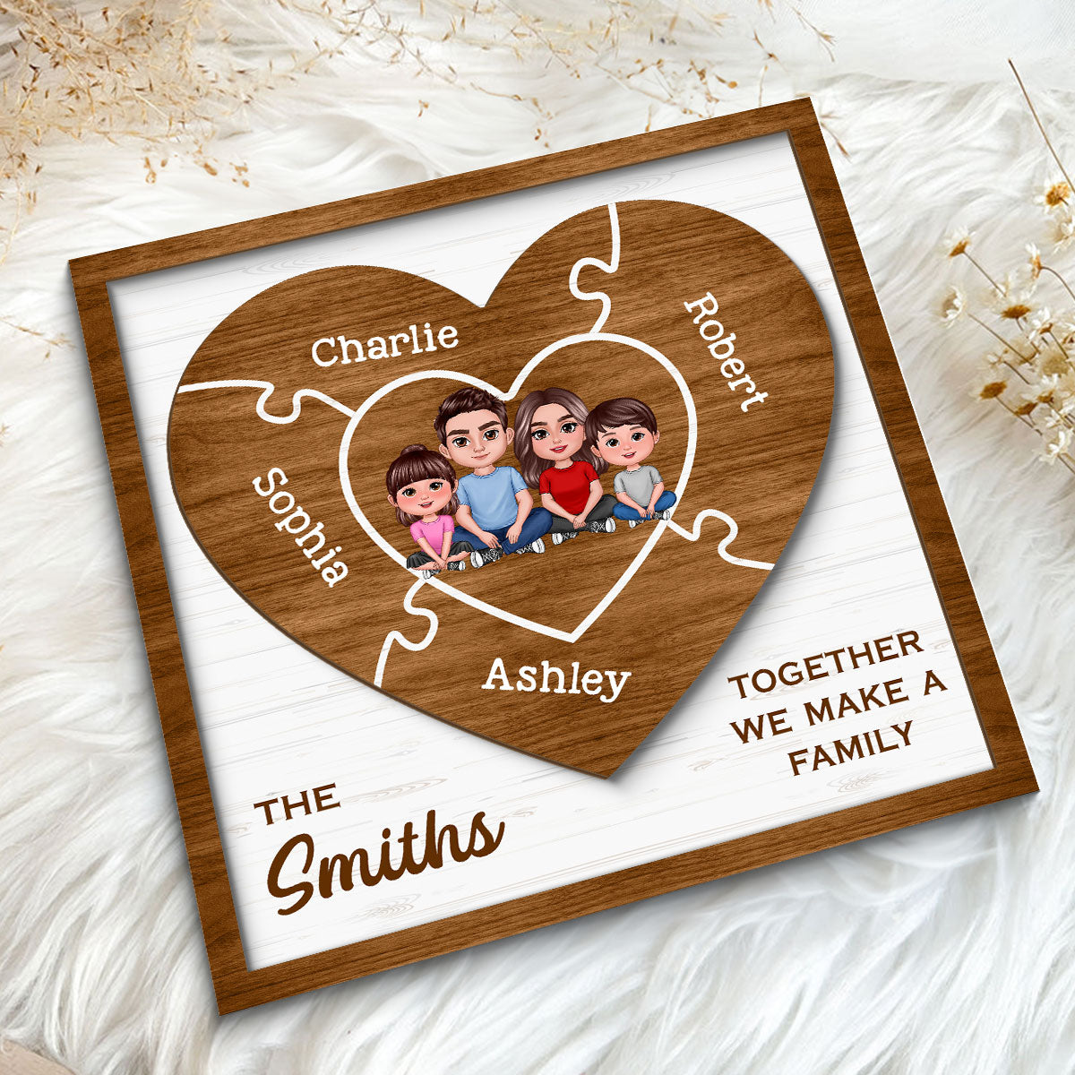Together We Make A Family Puzzle Heart Personalized 2-Layer Wooden Plaque