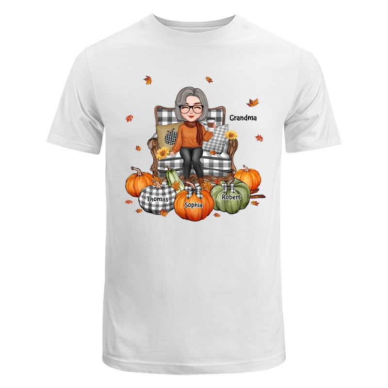 Cute Grandma Mom Sitting On Chair Fall Season Personalized Shirt