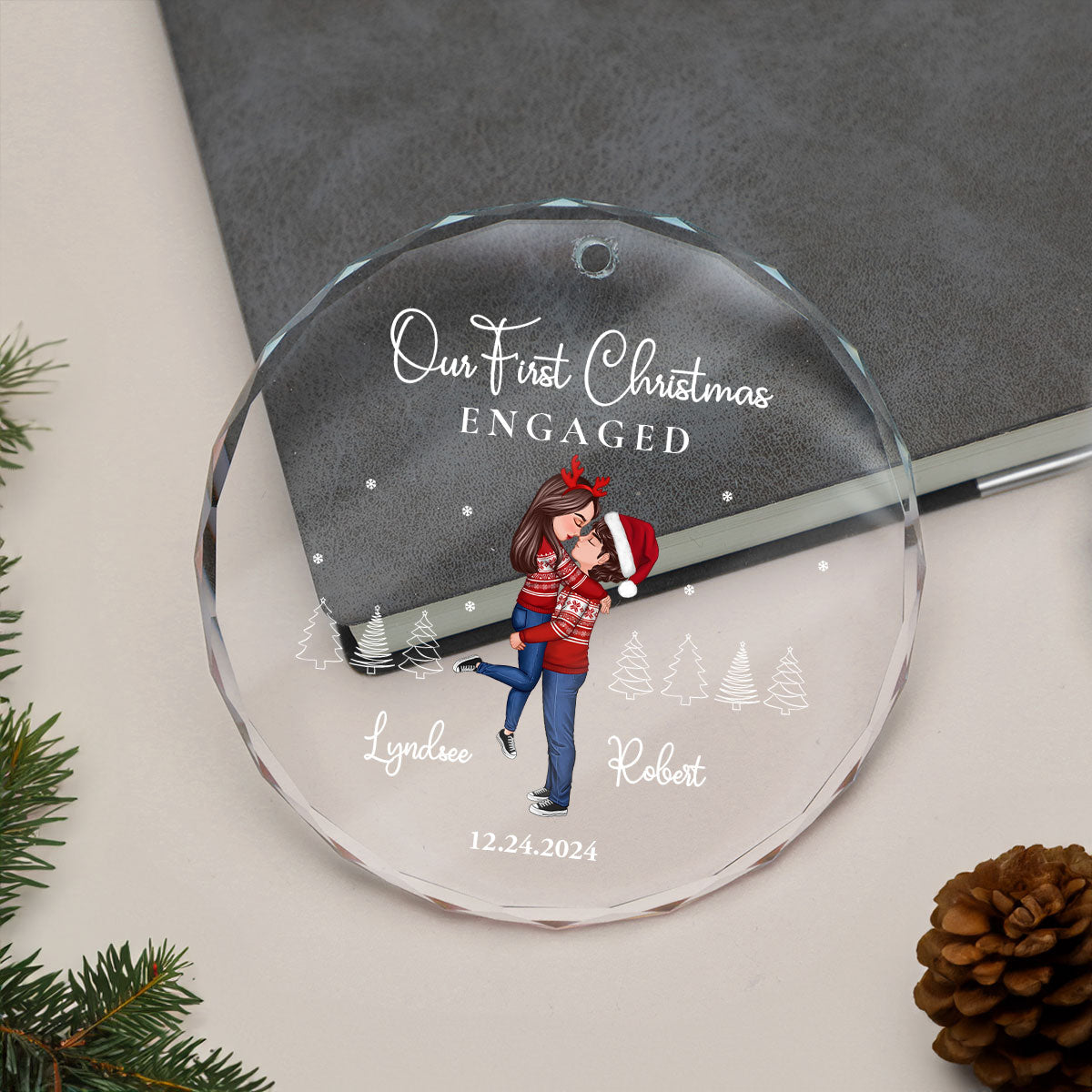 Our First Christmas Engaged Married, Newly Engaged Married Couple Personalized Glass Ornament
