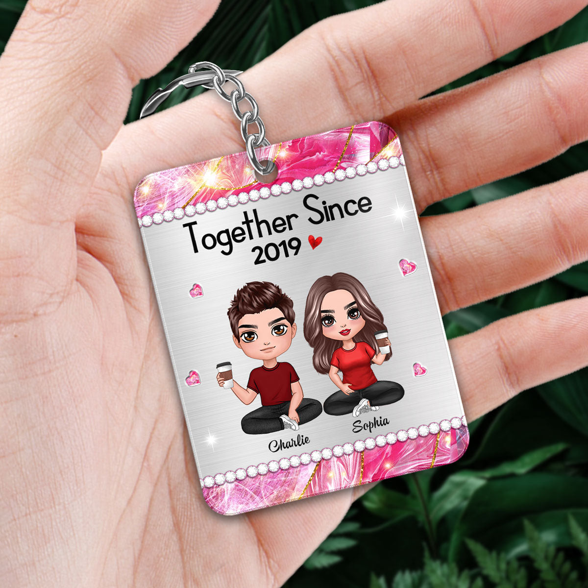 Beautiful Pattern Doll Couple Sitting Favorite Song Scannable QR Code Personalized Acrylic Keychain